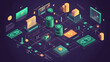 © ceng - A futuristic isometric illustration depicting a cryptocurrency network. The network consists of gold coins, stacks of cryptocurrency, and dollar bills connected by lines.