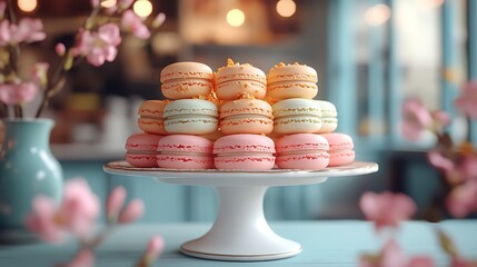 Delightful display of colorful macarons on a cake stand surrounded by blossoming flowers in a charming caf�� set