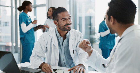 Poster - Meeting, men and doctors in office at hospital for planning medical diagnosis, treatment or surgery. Discussion, interview and healthcare worker with board director at clinic for feedback or review.