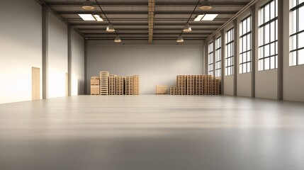 Spacious Industrial Warehouse Interior: A wide-angle shot of a large, empty warehouse with high ceilings, concrete flooring, and rows of windows. The space is bathed in natural light.