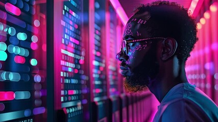 Leinwandbilder - A person stands intently, studying vibrant data patterns illuminated by colorful lights in a modern digital workspace that emphasizes technology and innovation.