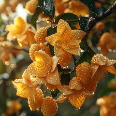 Wall Mural - Starfruit fruit tree with ripe and green leaves in sunlight.