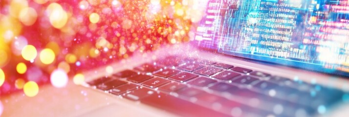 Poster - Futuristic Laptop Keyboard with Holographic Data Projections and Vibrant Colors