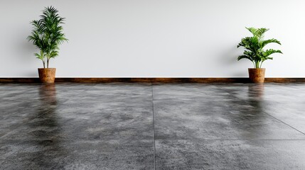 Modern interior design featuring gray concrete floor and decorative potted plants against minimalist white wall.