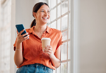 Canvas Print - Office, coffee and businesswoman with smartphone for thinking, message and online on social media. Connectivity, female person and creative agency manager with mobile app for joke, beverage and laugh