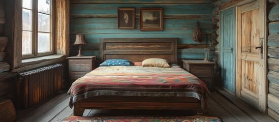 Sticker - Rustic wooden bedroom with a bed, nightstands, and a window.