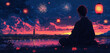 © PixStock Lab - Serene fireworks over a tranquil lake at sunset