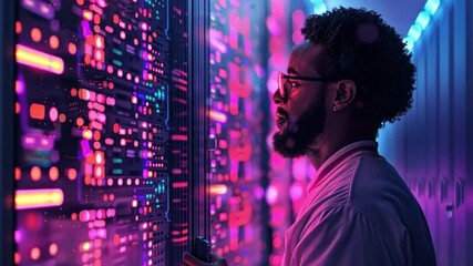 Poster - A data analyst is focused on the glowing server racks filled with colorful lights in a contemporary data center. The setting showcases advanced technology and data processing.