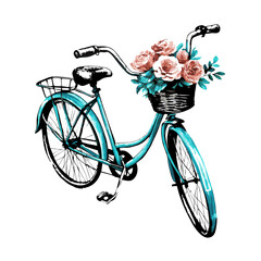 Watercolor bicycle Old blue retro bicycle with a flower basket on a isolated white background (11)