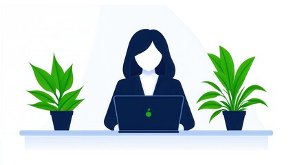 Wall Mural - Woman working on laptop with plants.