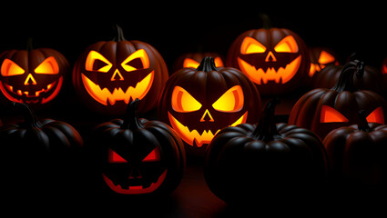 Group of glowing jack-o'-lanterns with menacing carved faces alongside dark pumpkins on a black background Generative AI