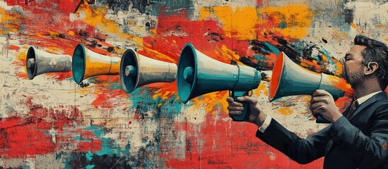 A businessman holds a megaphone in front of a colorful abstract background, with multiple megaphones extending from the image, representing a concept of communication, advertising, and marketing.