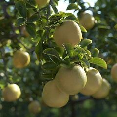 Wall Mural - Pomelo fruit tree with ripe and green leaves in sunlight.