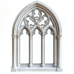 Poster - A gothic arched window with intricate carvings, architectural element, 3D illustration, stone texture, isolated on white background 