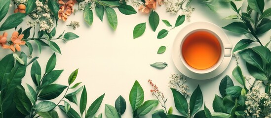 Canvas Print - A cup of tea surrounded by green leaves and white and orange flowers on a white background.