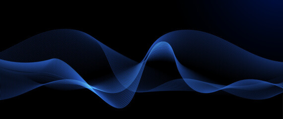 Wall Mural - Vector element. Abstract wave line, particle dot pattern, neon light on dark blue gradient background. Modern futuristic design for banner background. Network, science, tech, data technology concept
