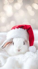 Wall Mural - cute white rabbit in Santa hat over christmas blurred background