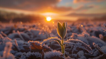 photograph of a sprout emerging from the frost, with a bright sunrise in the background