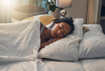 Poster - Woman, tired and sleeping in bed for relax, comfort and exhausted in home with blanket and pillow. Female person, fatigue and asleep in bedroom for nap, dream and burnout with rest, peace and break