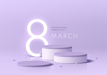 Wall Mural - 3d purple round podium set background in 8 march women day concept. abstract geometric composition i