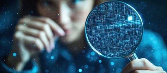 Canvas Print - A woman holding a magnifying glass with a complex code inside, focusing on a specific part.