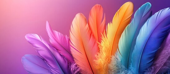 Sticker - Colorful feathers arranged in a rainbow pattern on a pink background.