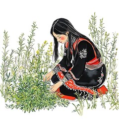 Canvas Print - Woman in Traditional Clothing Kneeling in a Field of Flowers.