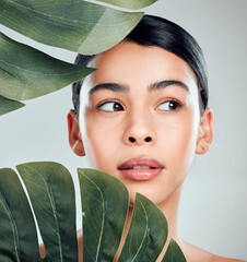 Canvas Print - Woman, leaf and zen with natural beauty for skincare, cosmetics or facial on a gray studio background. Young, female person or model with organic plant for salon detox, shine or spa treatment