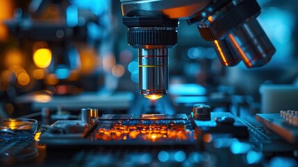 Wall Mural - A close-up of a scientist testing a new type of solar cell in a laboratory, with high-tech tools and a solar simulator to measure its efficiency.