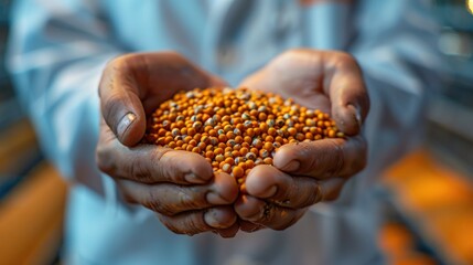 Wall Mural - Close-up of a scientist's hand holding genetically modified seeds, part of a biotechnology project to develop drought-tolerant crops at a state-of-the-art research center.