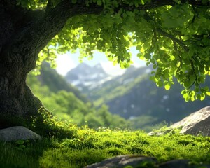 Lush green tree overlooking serene mountains and vibrant grass landscape.