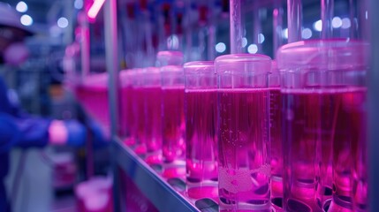 Wall Mural - A close-up of genetically engineered bacteria being cultured in a bioreactor, with a researcher closely monitoring the growth and function of the synthetic organisms.