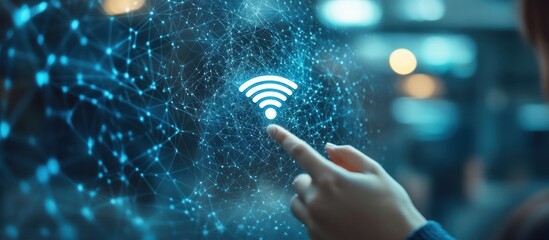 Poster - Close-up of a hand interacting with a glowing Wi-Fi symbol against a blue background.