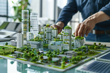 Architect presenting a 3D model of a sustainable city, green roofs and solar panels highlighted