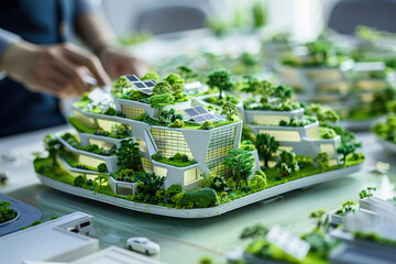 Architect presenting a 3D model of a sustainable city, green roofs and solar panels highlighted