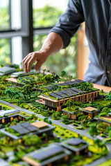 Fototapete - Architect presenting a 3D model of a sustainable city, green roofs and solar panels highlighted