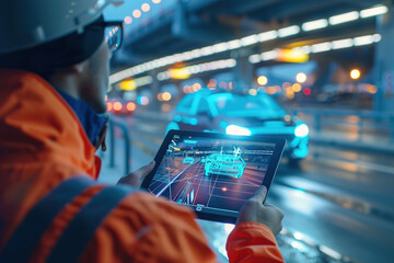 Engineer monitoring autonomous car test, holding tablet, analyzing real-time data, vehicle on test track