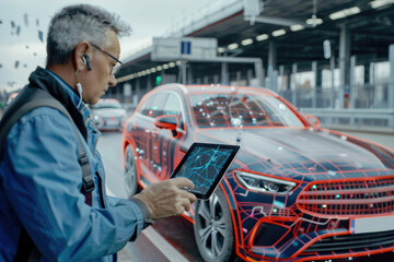 Wall Mural - Engineer monitoring autonomous car test, holding tablet, analyzing real-time data, vehicle on test track