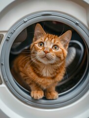 Canvas Print - A ginger cat looking up from inside a washing machine. AI.