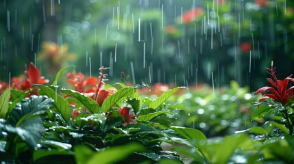 Poster - Red flowers bloom in the rain. AI.