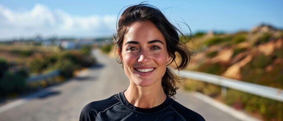 Wall Mural - A woman smiles brightly while standing on a road. AI.