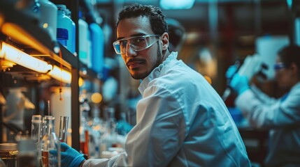 Wall Mural - A wide-angle shot of genetic engineers developing bioengineered organisms for industrial use, with advanced technology and lab tools aiding in their research.