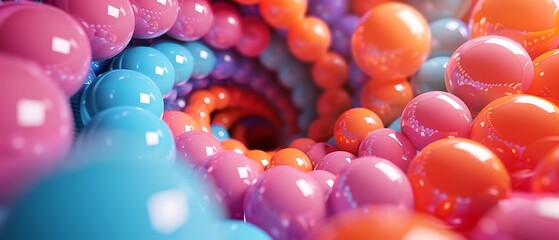 Colorful spiral of glossy spheres capturing the essence of vibrant abstract art and dynamic motion in a whimsical journey