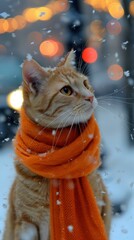 Sticker - A cat wearing a scarf stands in the snow. AI.