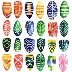 Sticker - Watercolor Collection of 20 Unique Patterned Shapes in Bright Colors.