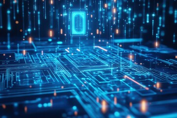 Poster - A glowing blue circuit board with complex neon lines and geometric shapes, holographic elements floating above, futuristic, AIinspired, neon glow, hightech processing
