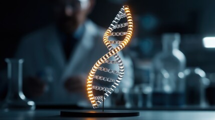 a glowing dna helix model stands in a laboratory, symbolizing advanced genetic research and biotechn