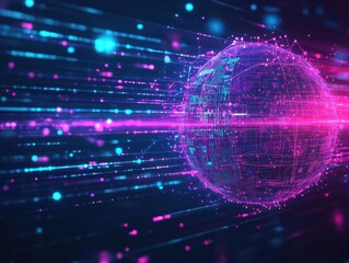 Fototapete - Abstract data spheres, holographic particles, glowing streams, dark tech grid, futuristic tech art