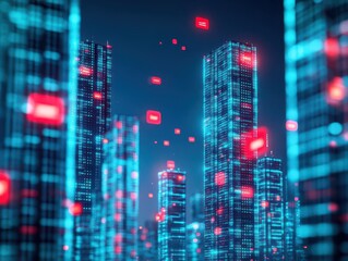 Fototapete - Abstract digital cityscape, tall buildings made of data codes, glowing red alerts floating in the sky, dystopian future, low lighting