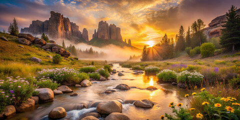 breathtaking landscape featuring serene river flowing through vibrant wildflowers, with towering rock formations illuminated by warm sunset rays. scene is enveloped in soft fog, creating tranquil